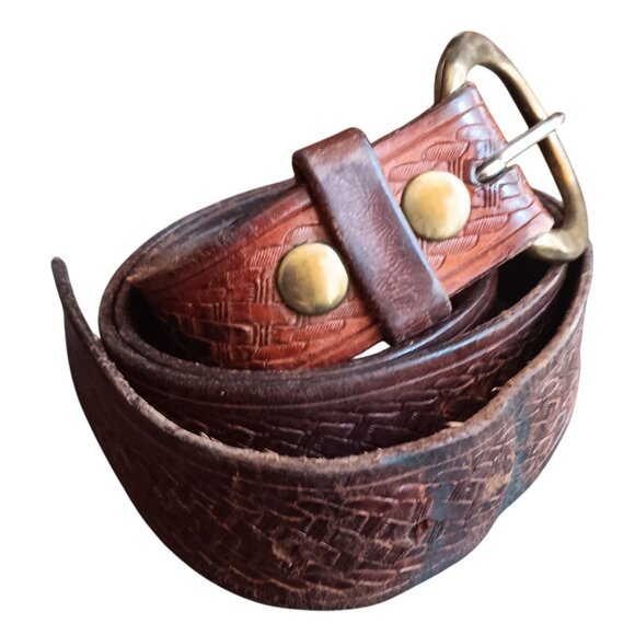 Vintage Mens Belt 40 Large Basket Weave Leather Brown Usa Rugged Beaten In USA - Picture 1 of 8